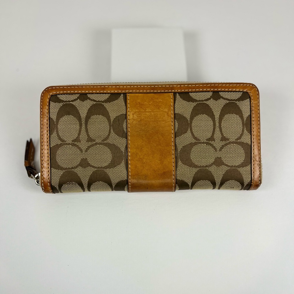Vintage Coach Beige/Brown Signature Canvas and Leather Accordion Zip Wallet